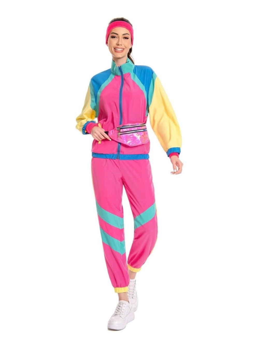 80s Retro Tracksuit Costume Set Pink Yellow Teal Windbreaker XL NIP accessories